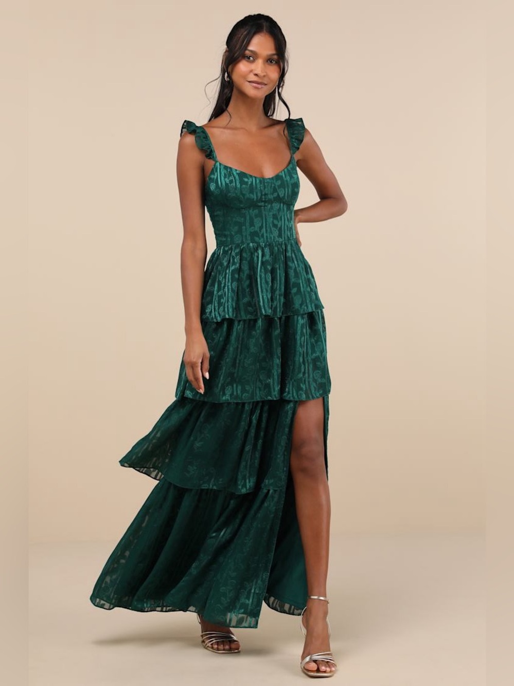 Lulus Stunning Glory Hunter Green Floral Jacquard Tiered Maxi Dress